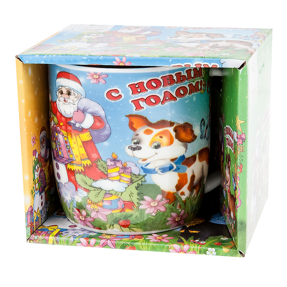 Кружка керамическая "Собачки с Дедом Морозом" 380мл. (4вида) (min12) (подарочная упаковка)