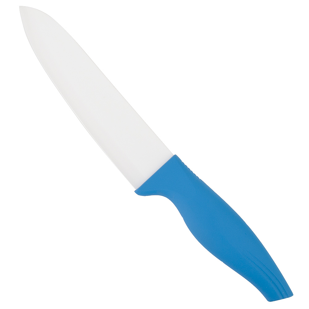 Нож керамический, белое лезвие с защитным элементом (15см), рукоятка синяя 26,5*3,5*1,5см. 