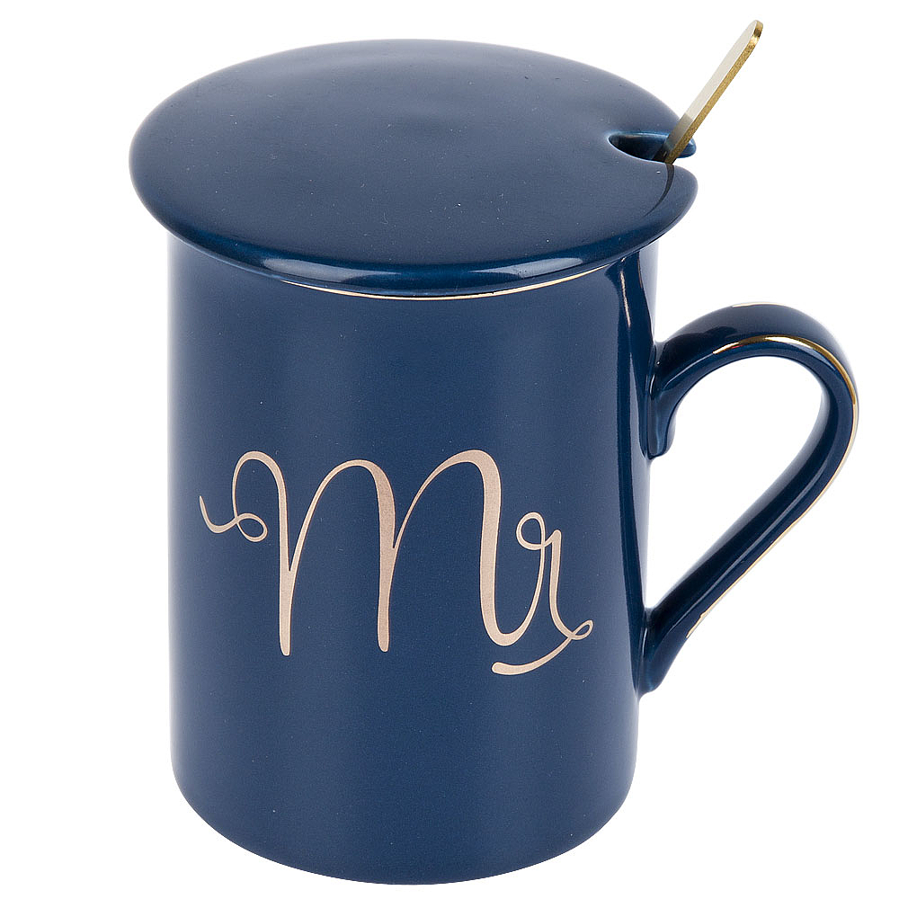 Кружка фарфоровая с крышкой и ложкой "Mr" (синяя) v=340 мл (подарочная упаковка)