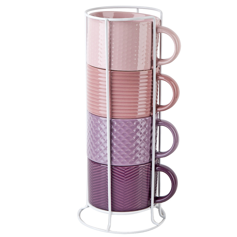 Набор из 4 кружек на подставке "Modern"(фиолетовый) v= 320мл (керамика) (индивидуальная упаковка)