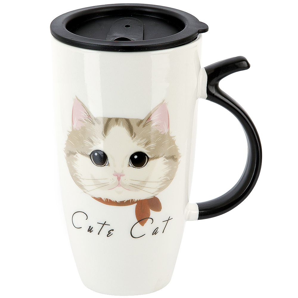 Кружка с крышкой "Cute cat" (коричневая) v=600 мл (подарочная упаковка)