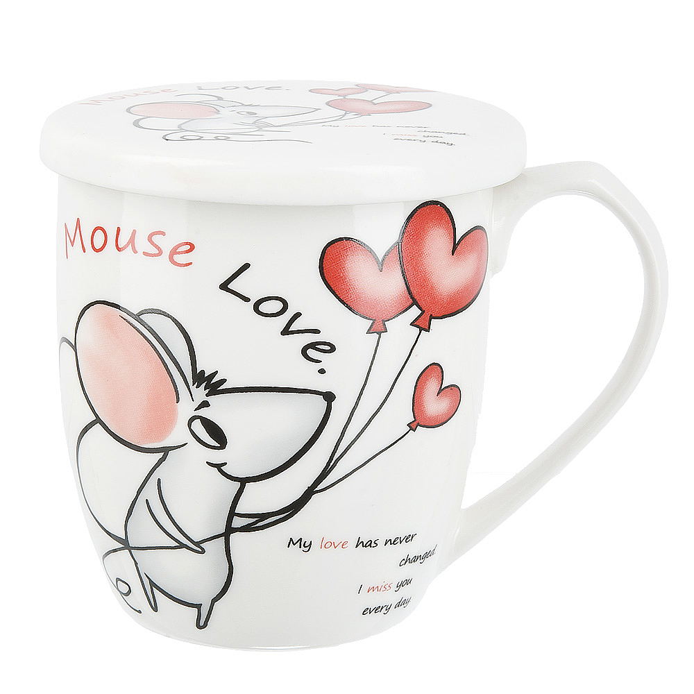 Кружка фарфоровая с крышкой (без фильтра) "Mouse love" v=360мл. (4вида) (подарочная упаковка)