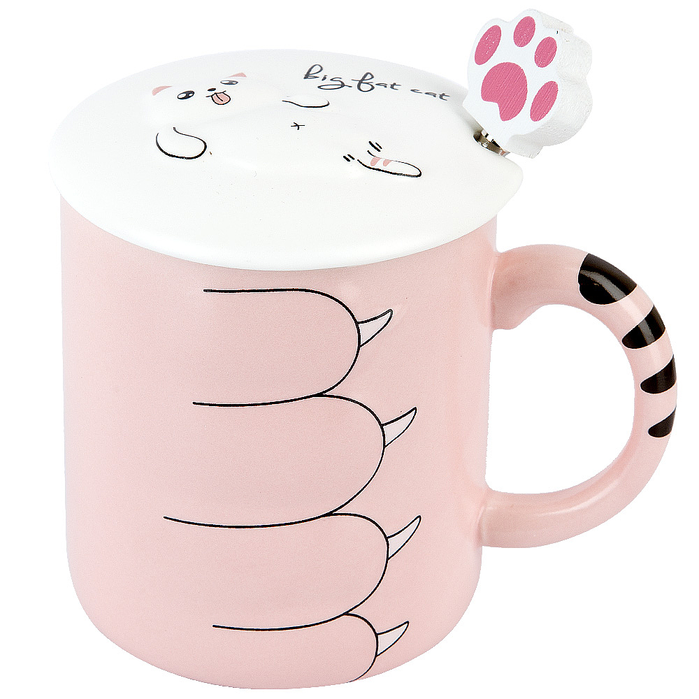 Кружка с крышкой и ложкой  "Big fat cat" (розовая) v=430 мл (подарочная упаковка)