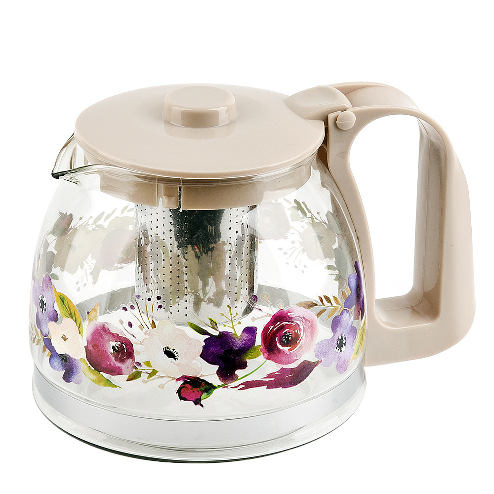 Чайник заварочный с металлическим фильтром "Садовые цветы" v=1250мл.(стекло, металл, пластик) 