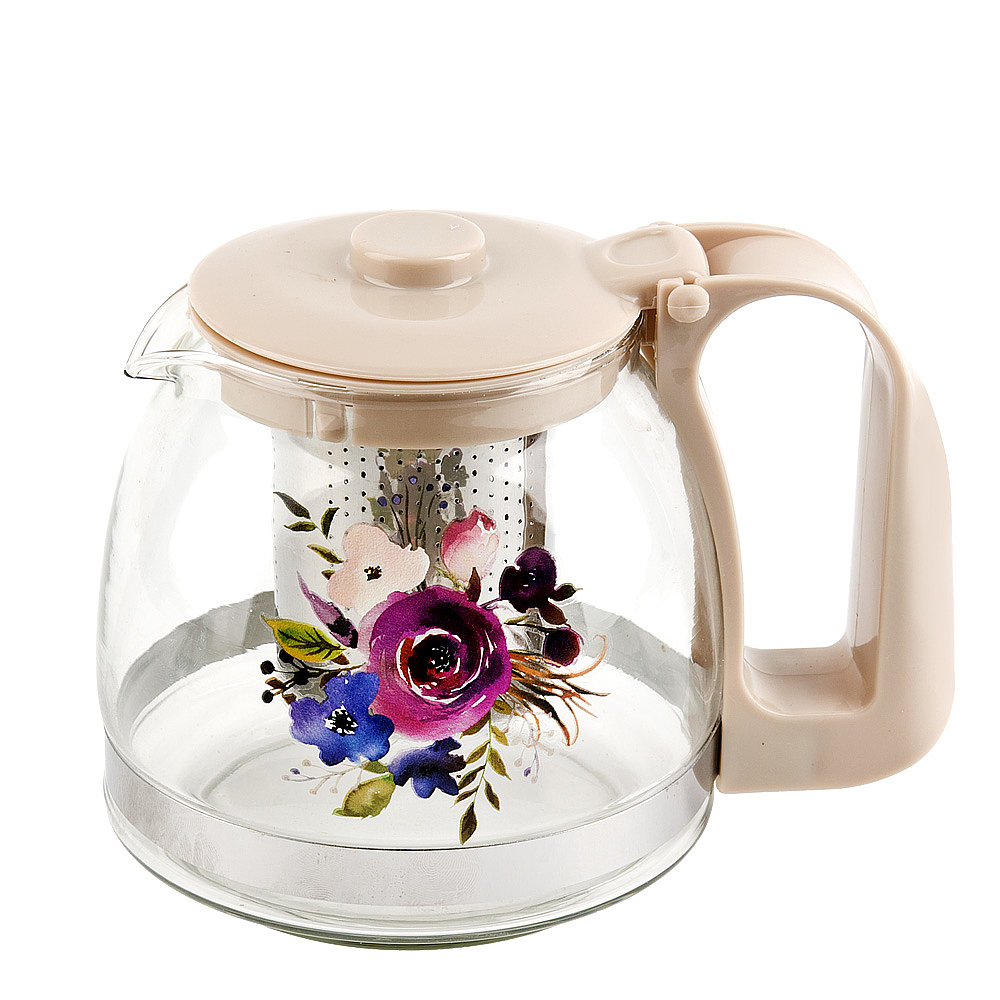 Чайник заварочный с металлическим фильтром "Садовый букет" v=700мл.(стекло, металл, пластик) 