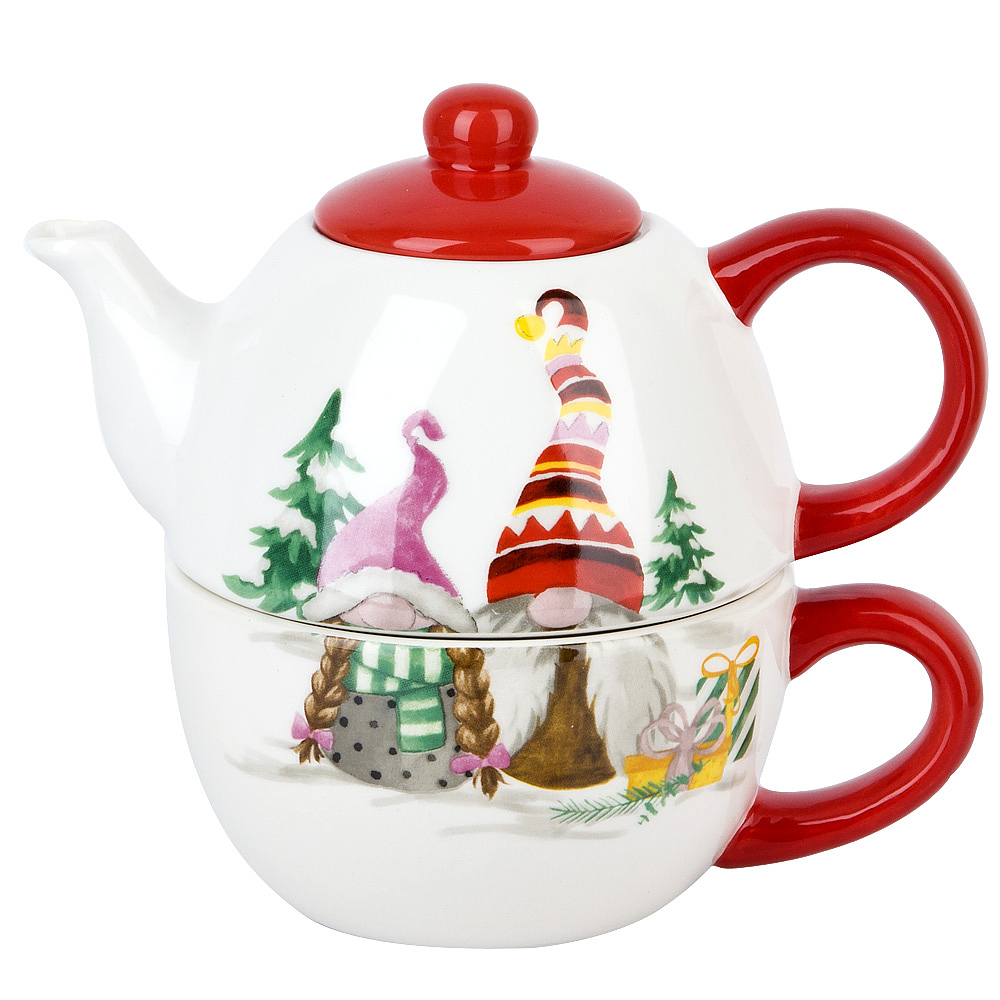 Набор 2пр: чайник v=400мл и чашка v=360мл "Рождественские гномы"  (керамика)