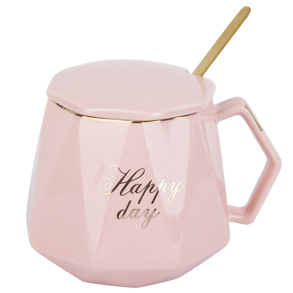 Кружка фарфоровая с крышкой и ложкой "Happy day" (розовая) v=420 мл (подарочная упаковка)