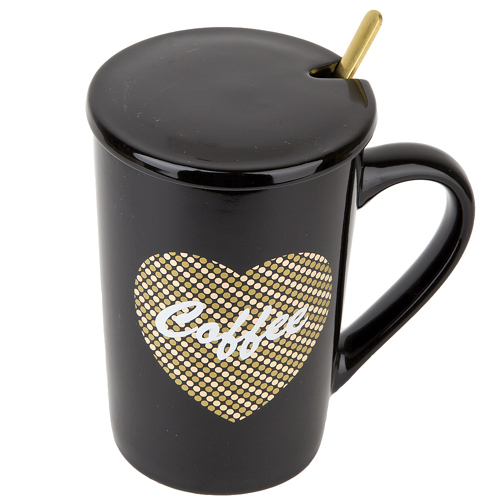 Кружка фарфоровая с крышкой и ложкой "Coffee" (черная) v= 410мл. (подарочная упаковка)
